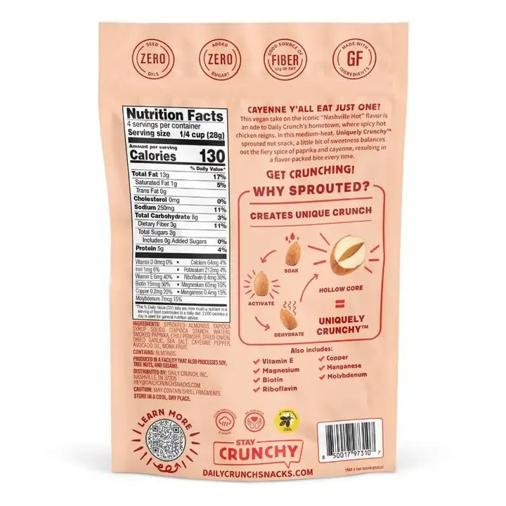 Daily Crunch Nashville Hot Sprouted Almonds | Resealable Bag