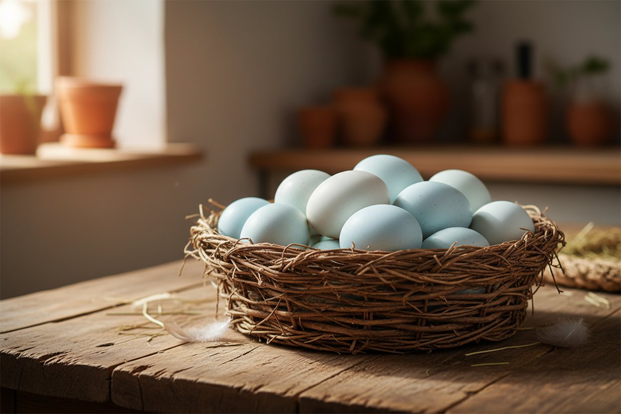 create a basket of blue chicken eggs