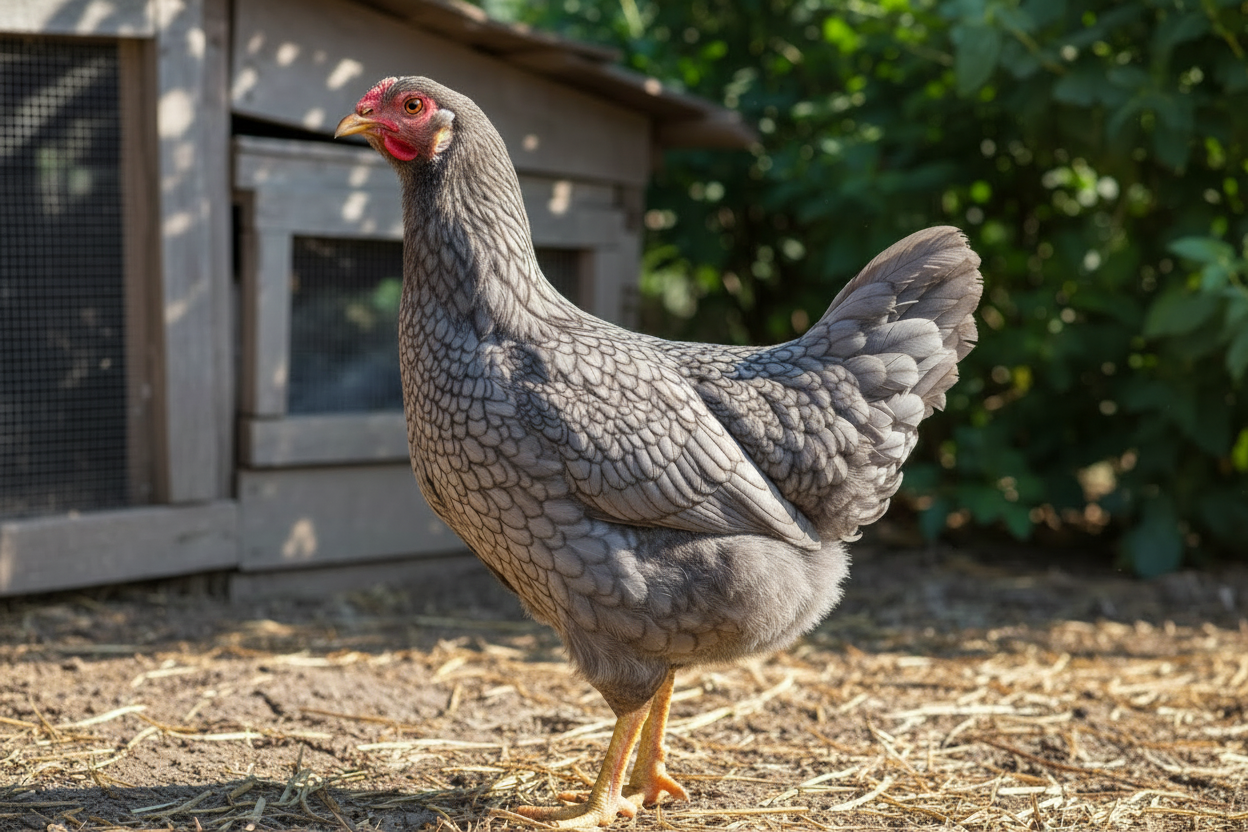 create a chicken that is a leghorn body with soft grey barring