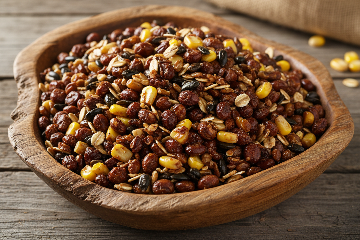create a photo of whole grain feed with roasted soybean, corn, oats, black oil sunflower seeds, molassess and put it in a wooden bowl