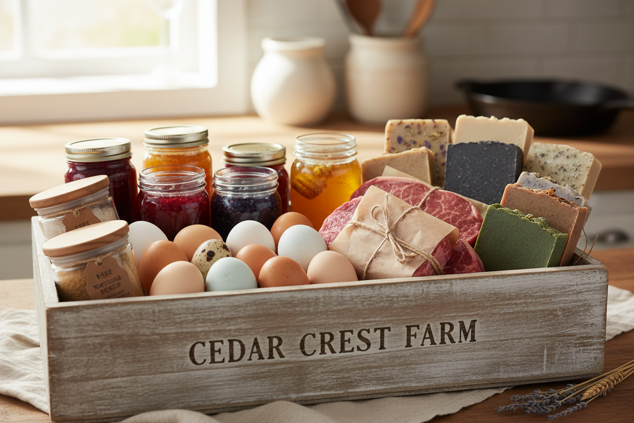 create a rustic farm box with mason jars filled with jams and honey, colorful eggs, steaks, soaps, body scrubs