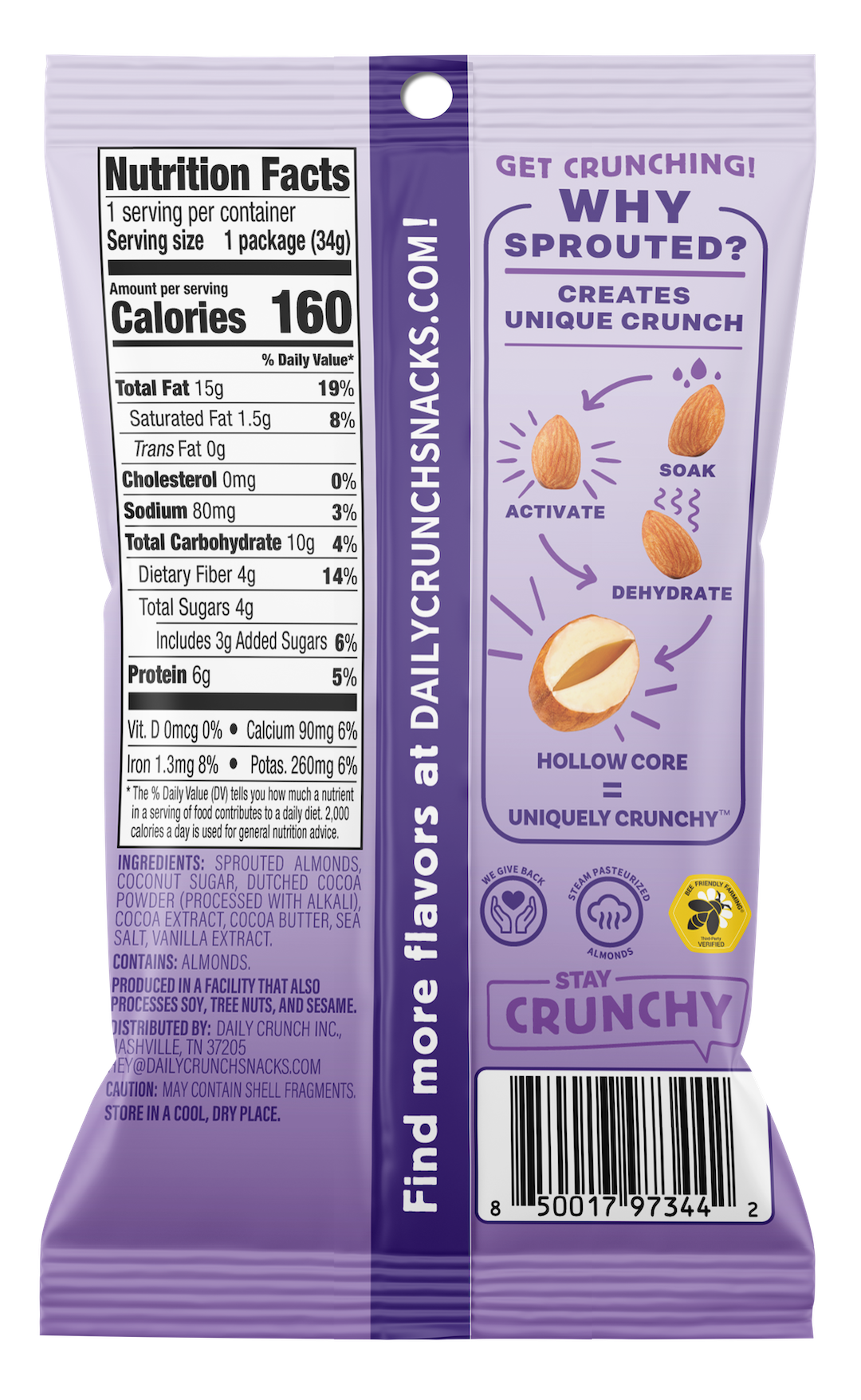 Daily Crunch Cocoa Sprouted Almonds | Single Serve Snack Nut