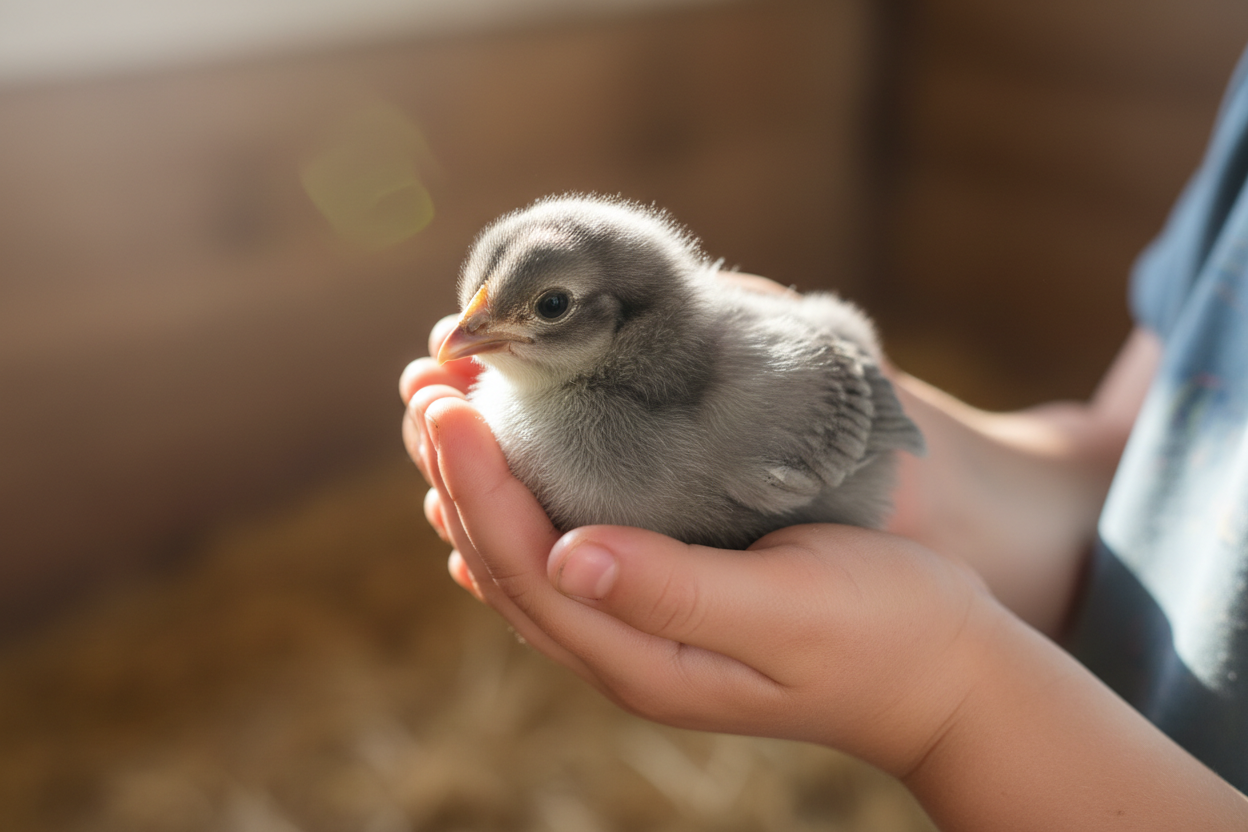 grey feathered chick in child's hands