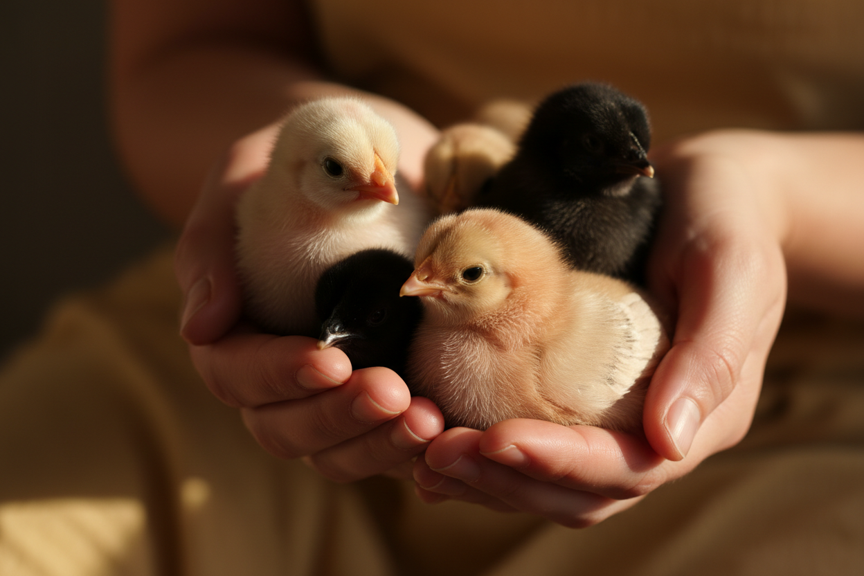 pita pinta rosa and negra chicks in a woman's hands