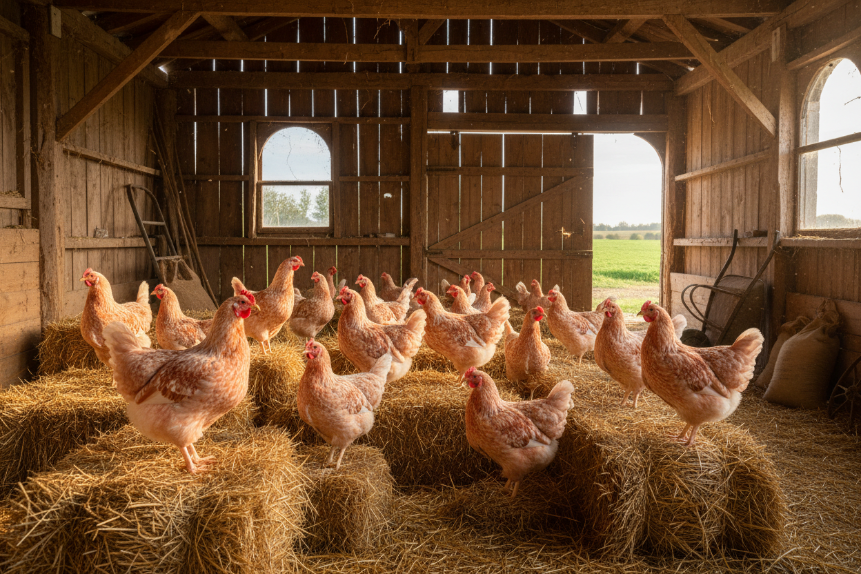 pita pinta rosa chicken flock in a barn sitting on hay bales