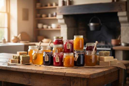 show farm products such as jams, honey and soaps placed on rustic table in mason jars